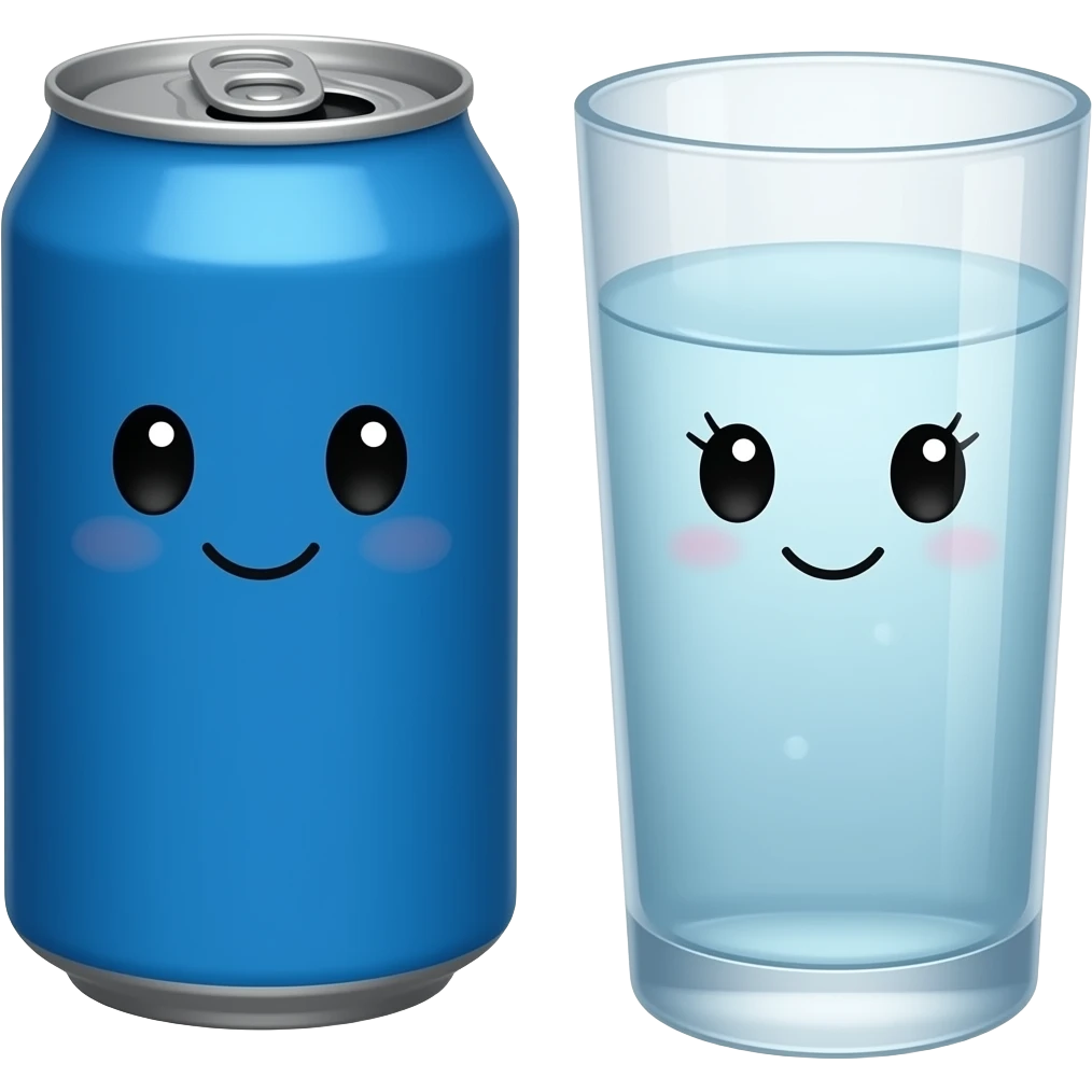 A plain blue soda can with a cute face without eyelashes and a tall glass bowl of water with a cute face with eyelashes emoji