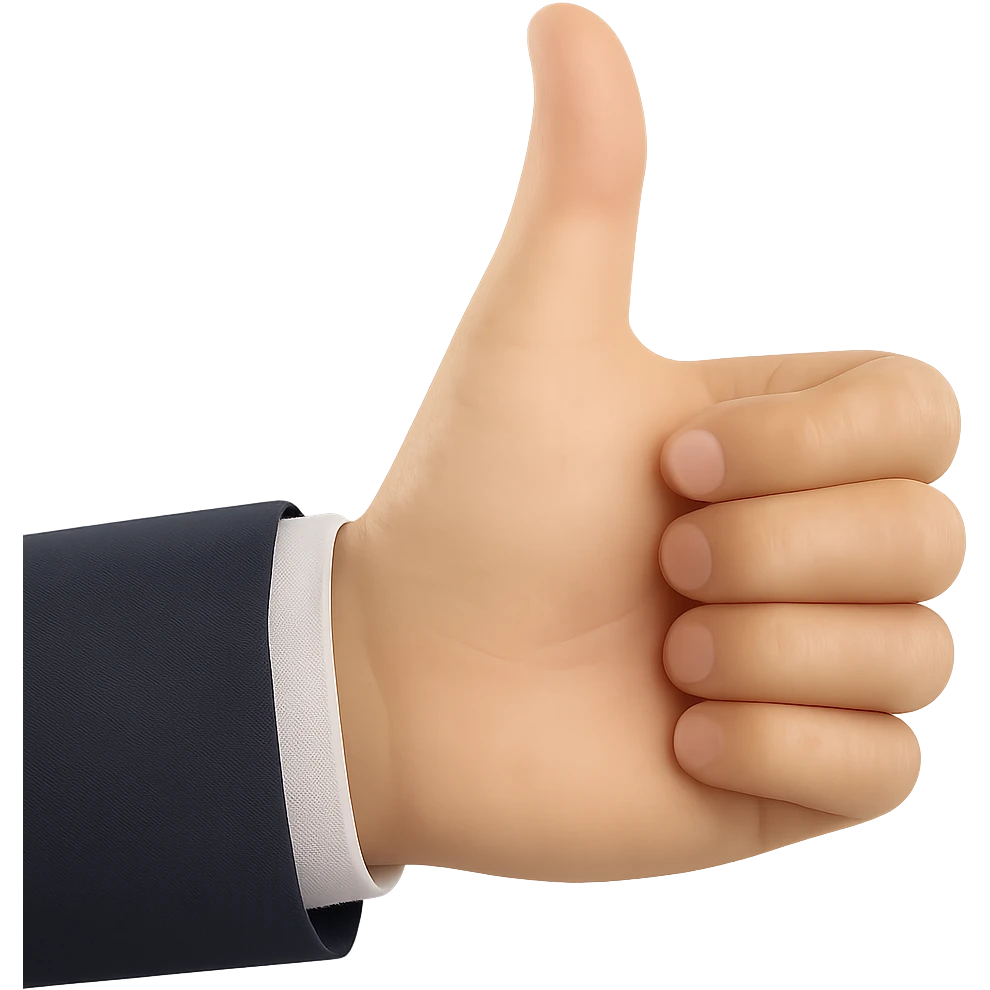 Edit the image to make the hand and sleeve about 60% realistic, blending realism and emoji style. Keep the natural, light tan skin tone and the suit sleeve visible. Only show the hand giving a thumbs up and the sleeve, with a transparent background. Maintain a balance between realistic texture and emoji simplicity. emoji