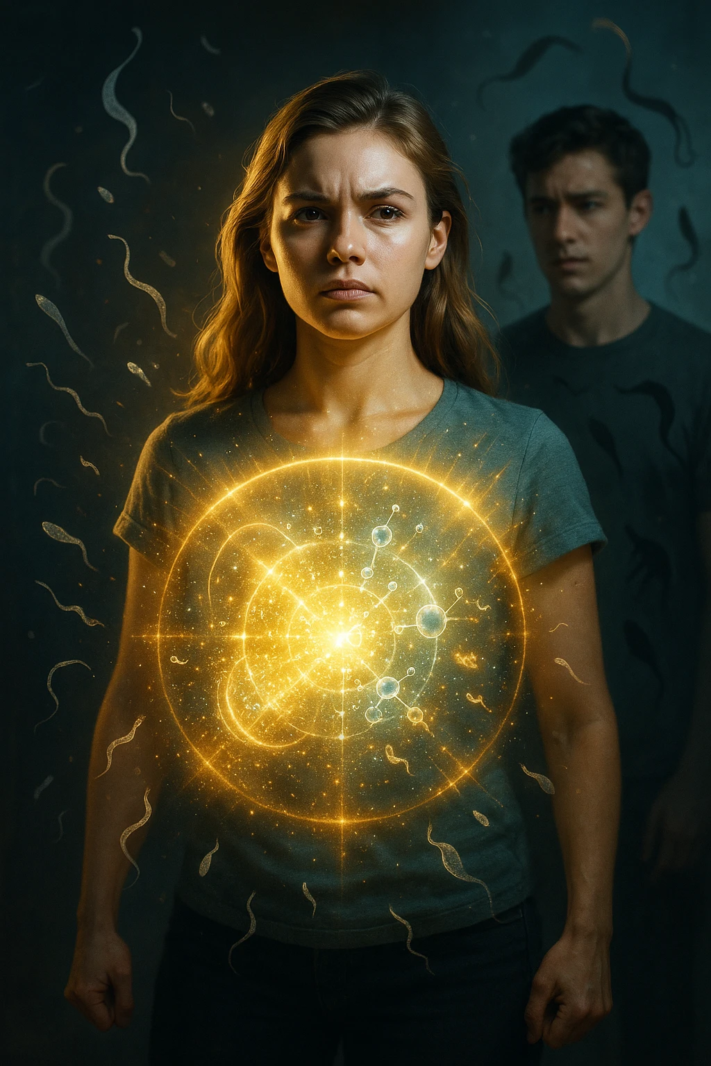A hyper-realistic, cinematic image showing a young woman with a glowing, radiant aura symbolizing a very strong immune system. She stands confidently, surrounded by a dynamic shield of light particles and molecular energy swirling around her body, especially focused around her abdomen and chest. Against this luminous barrier, faint translucent representations of parasites—small worm-like and protozoan shapes—attempt to approach her but are visibly repelled or disintegrating upon contact with the shield. Nearby, a young man representing her boyfriend is shown with subtle, shadowy parasite silhouettes near him, some reaching toward her but unable to penetrate her immune defenses. The background is softly blurred to keep the focus on the energetic battle at the forefront, with cool blues and warm golds contrasting to symbolize health, vitality, and defense. The lighting is dramatic yet hopeful, with a cinematic 35mm film style emphasizing sharp detail on her determined face and the swirling protective energy. The overall tone conveys resilience, protection, and the unseen battle inside the body. emoji