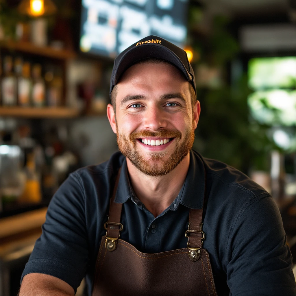 photo d'une barman souriante, tunique "FireShift", professionnelle emoji