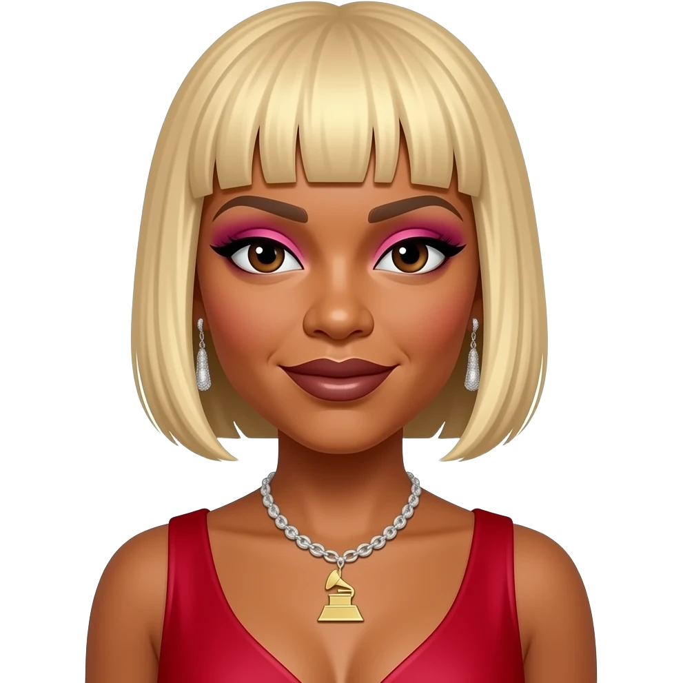 Tionne T-Boz Watkins from TLC with brown eyes, blonde micro-fringed bob hair, hot pink eyeshadow, dark brown lipstick, red grammy dress, necklace and earrings emoji