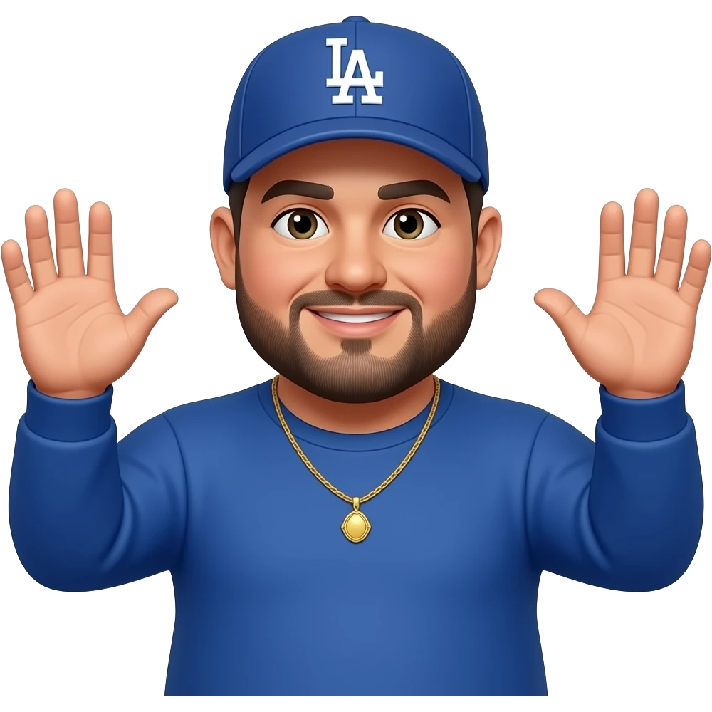 chubby man with a light honey skin complextion with lightly shaved black beard wearing a blue Los Angeles Dodgers baseball cap wearing a long sleeve blue shirt wearing a gold tennis necklace holding hands out emoji