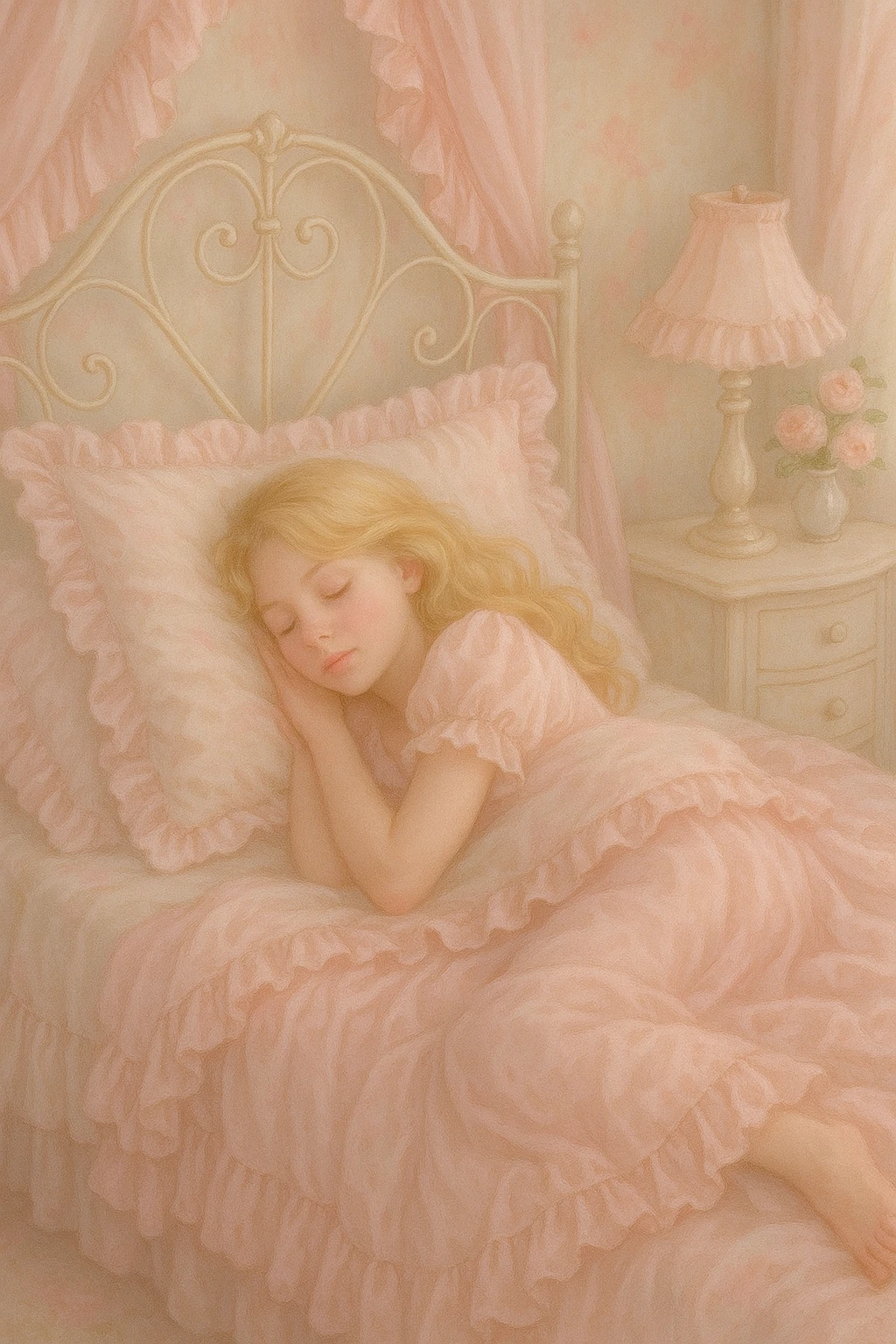 Dreamy scene of a blonde girl sleeping in a frilly baby pink Coquette bed, eyes closed, soft pastel colors, gentle lighting, delicate feminine details emoji