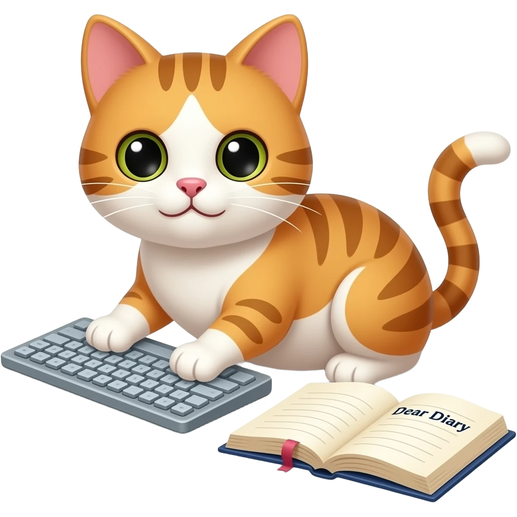 Cat typing om keyboard or in book with words dear diary near emoji