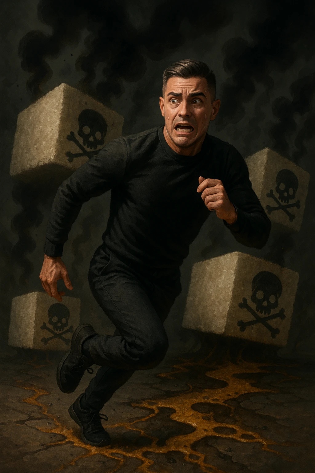 Create an image of a man in his thirties inspired by the face in the reference photo, fleeing with a scared expression. He is running away from huge stylized sugar cubes depicted as toxic, with dark halos, poison symbols like skulls, and black smoke. On the ground, there are traces of sugar melting and corroding whatever they touch. The man appears determined to escape, dressed in sporty or casual clothes. The atmosphere is dark but dynamic, with strong symbolism of sugar as a harmful substance. emoji