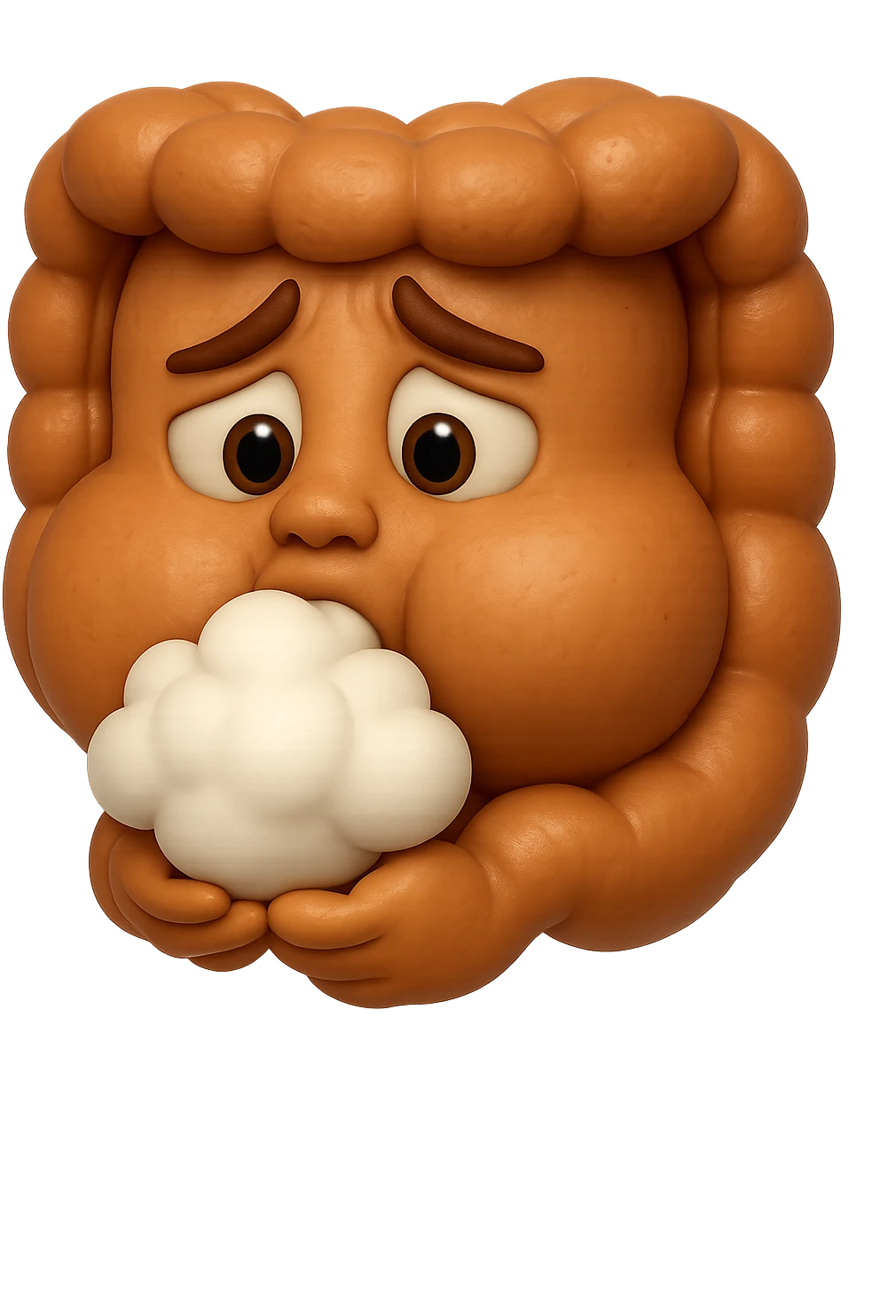 emoji stile iphone di un intestino che ingoia una nuvoletta di aria ben visibile e gli si gonfia la pancia, iperrealistico 4k emoji