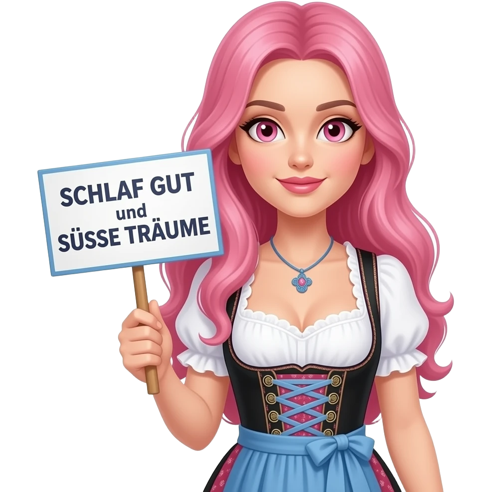 sexy girl with long pink hair and pink eyes wearing a dirndl holding a SCHLAF GUT und SÜSSE TRÄUME sign emoji