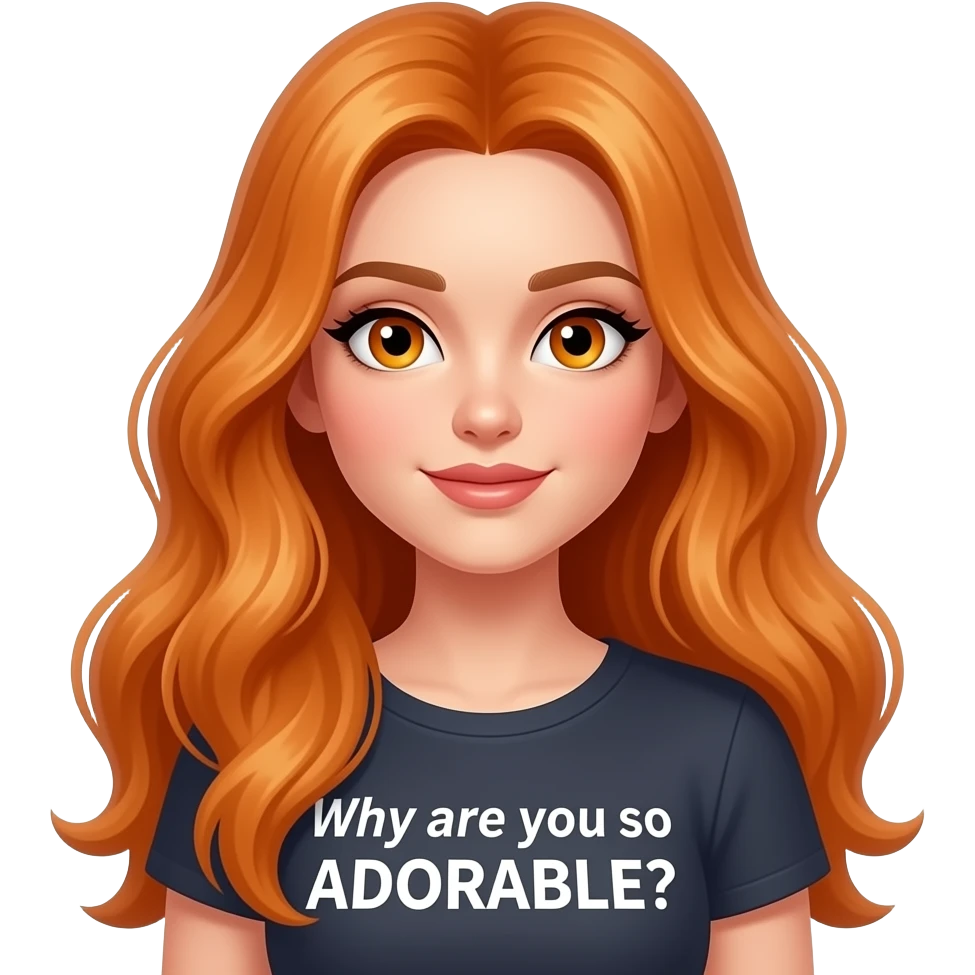 sexy girl with overlong ginger hair and ginger eyes a top with Why are you so ADORABLE? written on it emoji