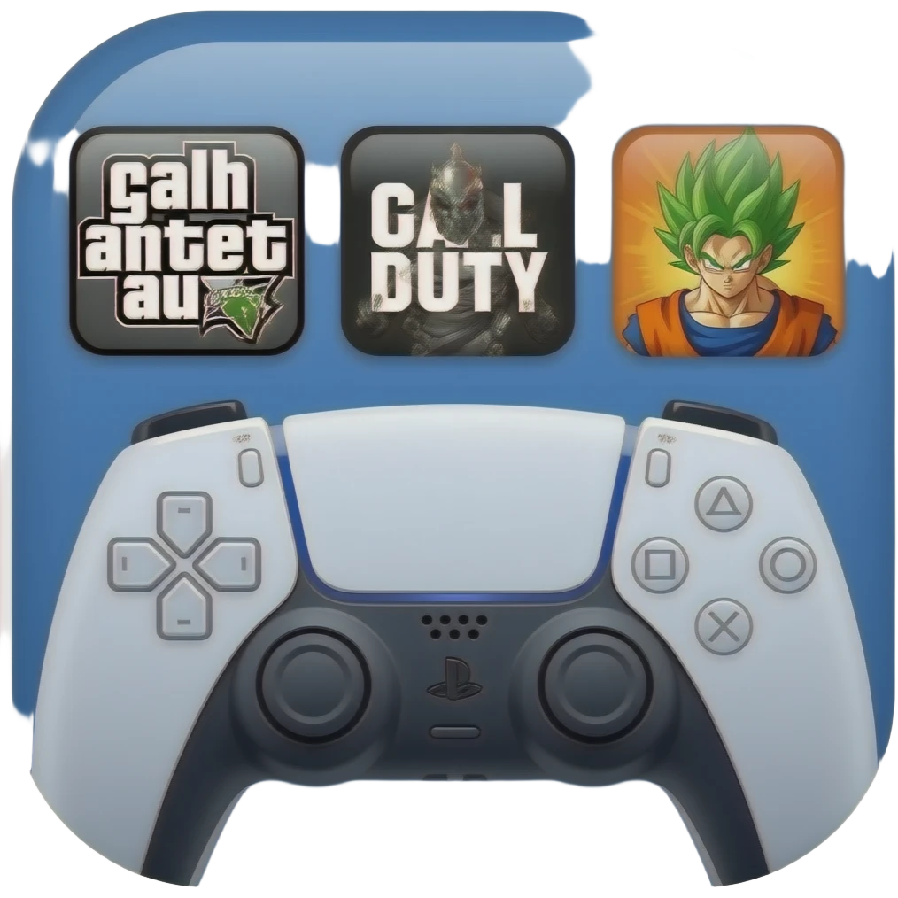 icone avec a l interieur des icone de jeu gta call off duty et dragon ball z et une mannette ps5 devant emoji