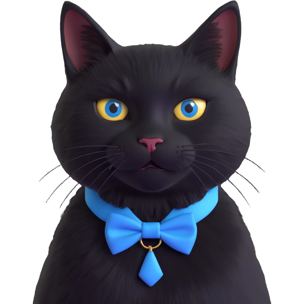 solid black cat no tuxedo with a blue bowtie collar, 3D illustration, lifelike fur, realistic lighting emoji