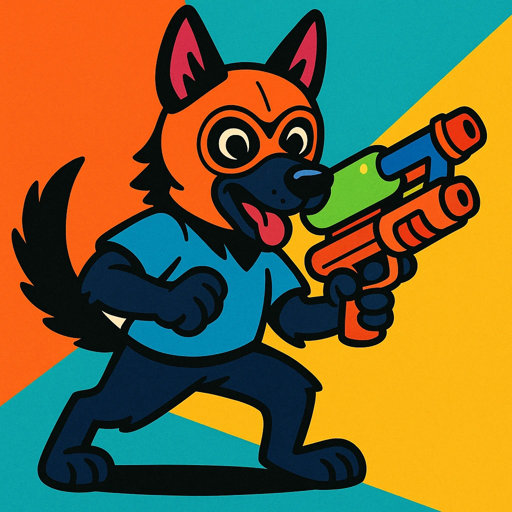 black German Shepherd with a ski mask, holding a water gun, bold and dynamic pose emoji