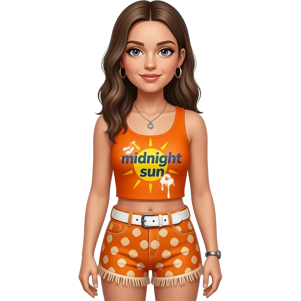 Zara Larsson wears an athletic-inspired stage look featuring a vibrant orange graphic tank top that says midnight sun spray painted on paired with orange patterned shorts. The ensemble is elevated by a white fringed belt emoji