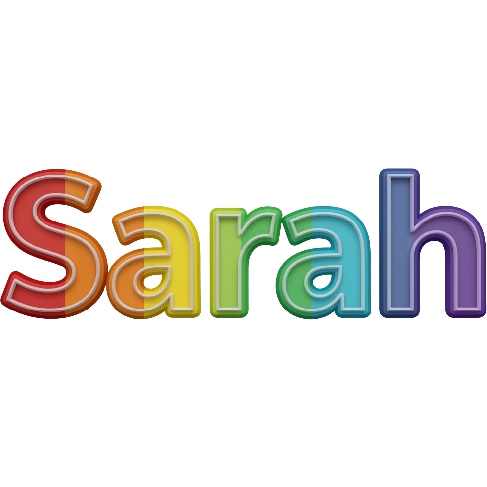name "sarah" in grey typography lettering, each color of the rainbow as a border outlined around each letter, isolated, 3d rendering, no emoji icons no emoji faces and must have no human figures emoji