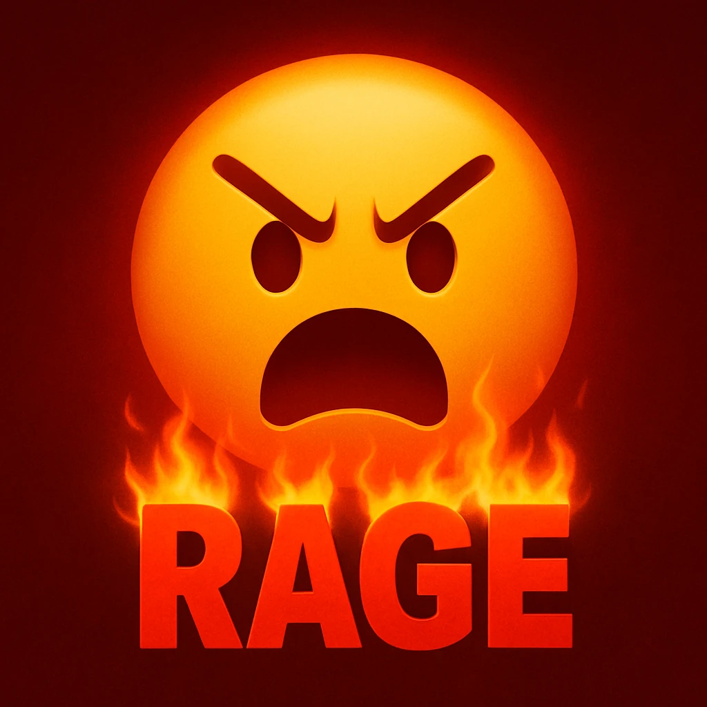 general style emoji with red background with dark center, 'RAGE' in red text, fire coming out of the text, dramatic lighting emoji