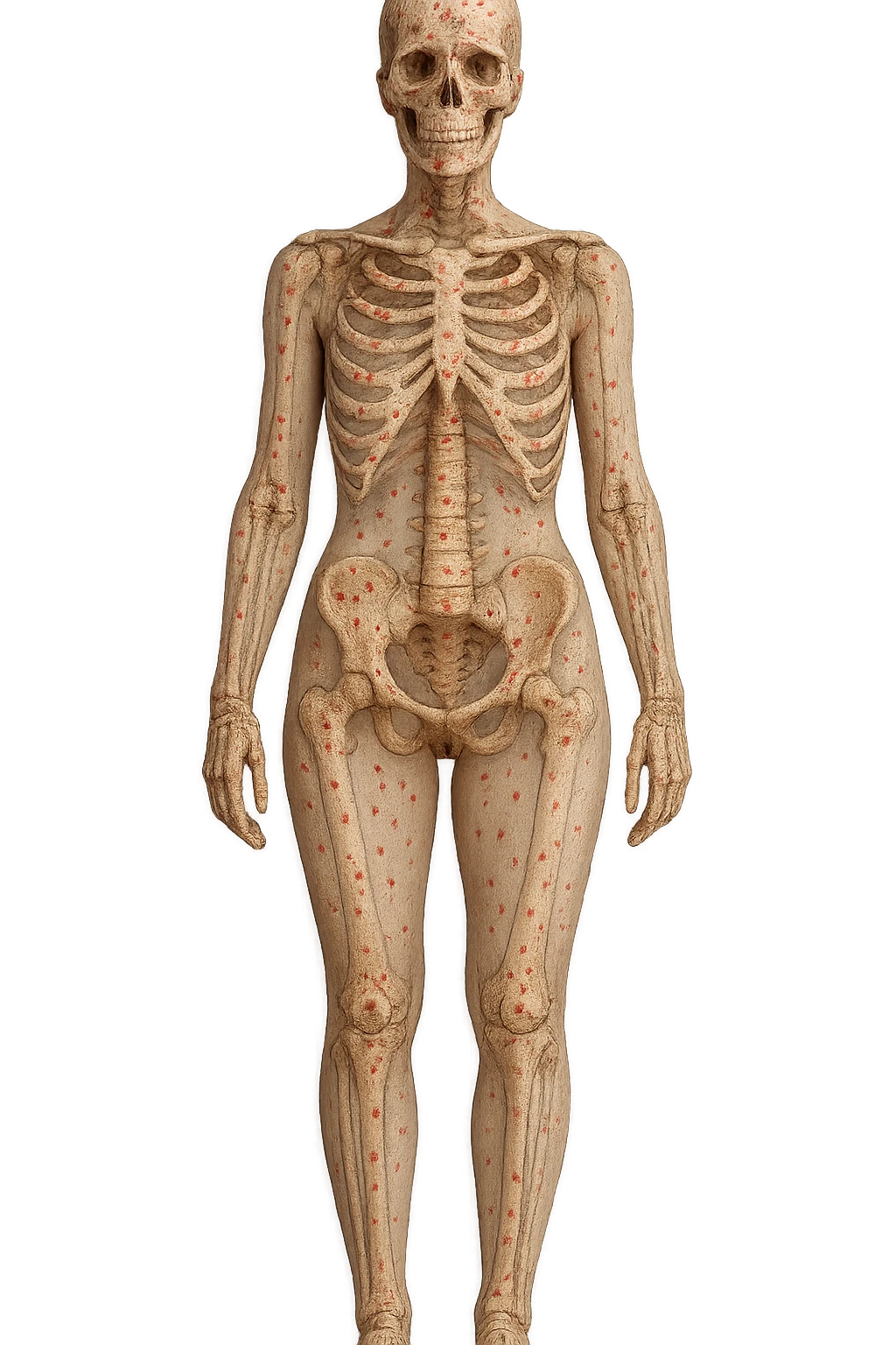 donna realistica a figura intera con red spot sparsi alle ossa, ossa visibili sul corpo, iperrealistico 4k emoji