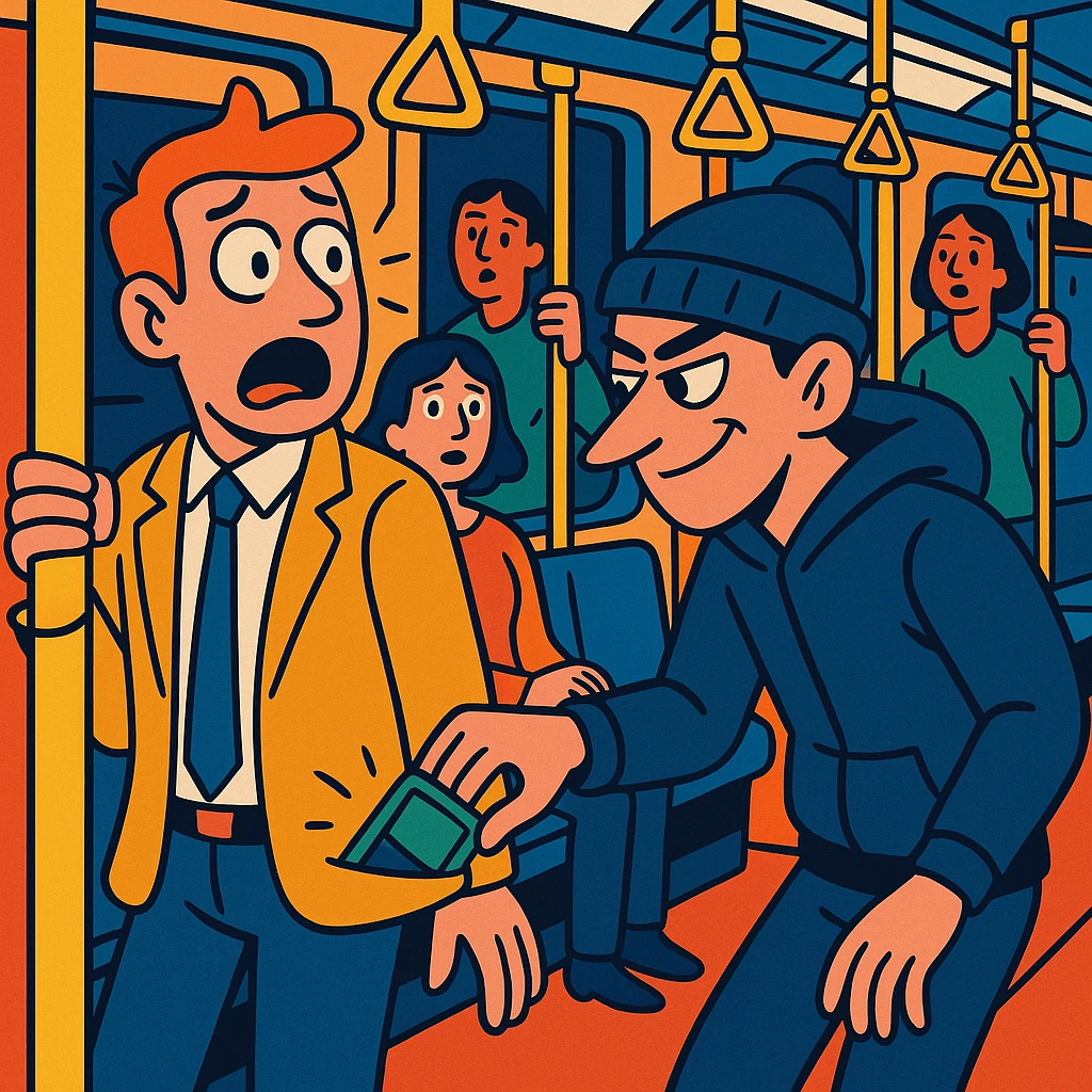 dynamic scene of a pickpocket stealing a wallet from a passenger in a crowded subway, expressive faces, urban setting, vibrant colors emoji
