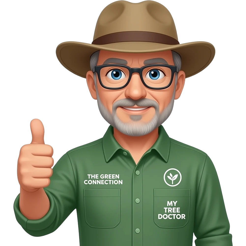 middle-aged man, flecks of grey hair. Zero beard. Blue eyes, dark-rimmed, narrow rectangle glasses, in a green-collared, long-sleeve shirt & a wide-brim Akubru hat. Giving a thumbs up. Put 'THE GREEN CONNECTION' in white directly onto the left pocket & onto the right pocket, put 'MY TREE DOCTOR' emoji