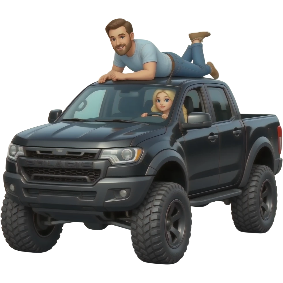 Black 4 door Polaris Ranger sxs  lifted super high with mom (blonde) and driving  and dad laying on top of roof  on his belly playing emoji