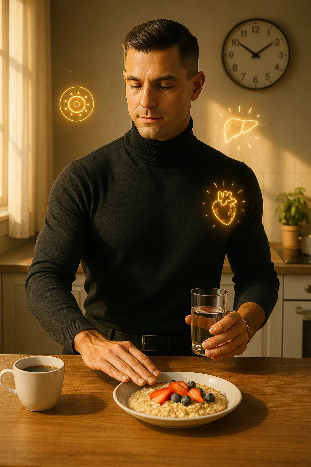 A realistic, cinematic illustration of a man in his early 30s with a fit, healthy appearance, standing in a bright kitchen in the morning. The kitchen table has a prepared but untouched healthy breakfast (oatmeal, fruit, coffee) on it, while the man, with a calm and focused expression, gently pushes the plate away with one hand while holding a glass of water in the other. A wall clock in the background shows 8:00 AM, indicating the morning fasting window, while sunlight streams in, illuminating the scene. Subtle glowing icons of a regenerating cell, a clean liver, and a heart float softly around him, symbolizing the health benefits of intermittent fasting. The atmosphere is clean, minimal, and motivating, showing that the man chooses intermittent fasting consciously for health, clarity, and energy rather than weight loss alone. The color palette is warm, with natural light and a slight film grain for depth emoji