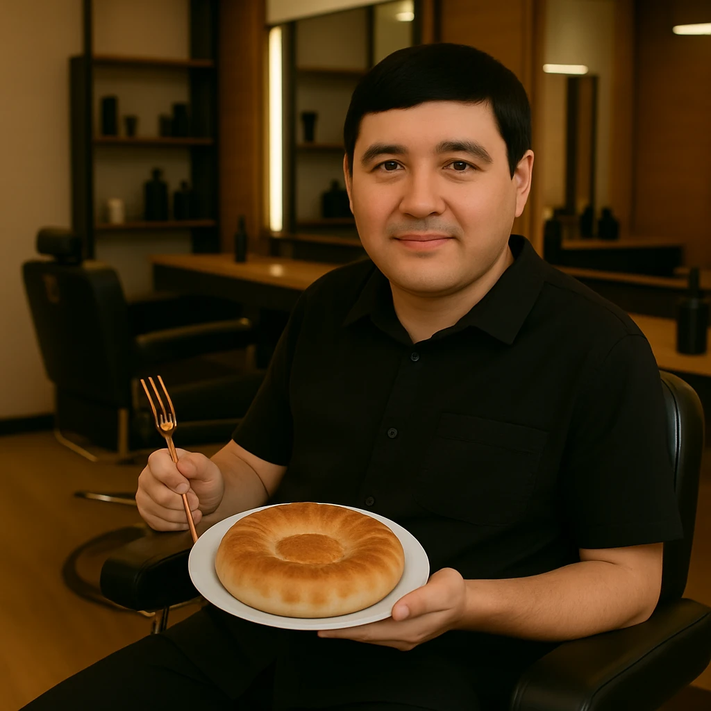 Replace the man's face in the original photo with the face from the second image. Keep the setting, lighting, body, and the bread plate exactly the same. Make sure the new face blends naturally with the skin tone and lighting of the original photo. The man should still be sitting in a barbershop chair, holding a plate with Uzbek bread and a fork, wearing black clothes emoji