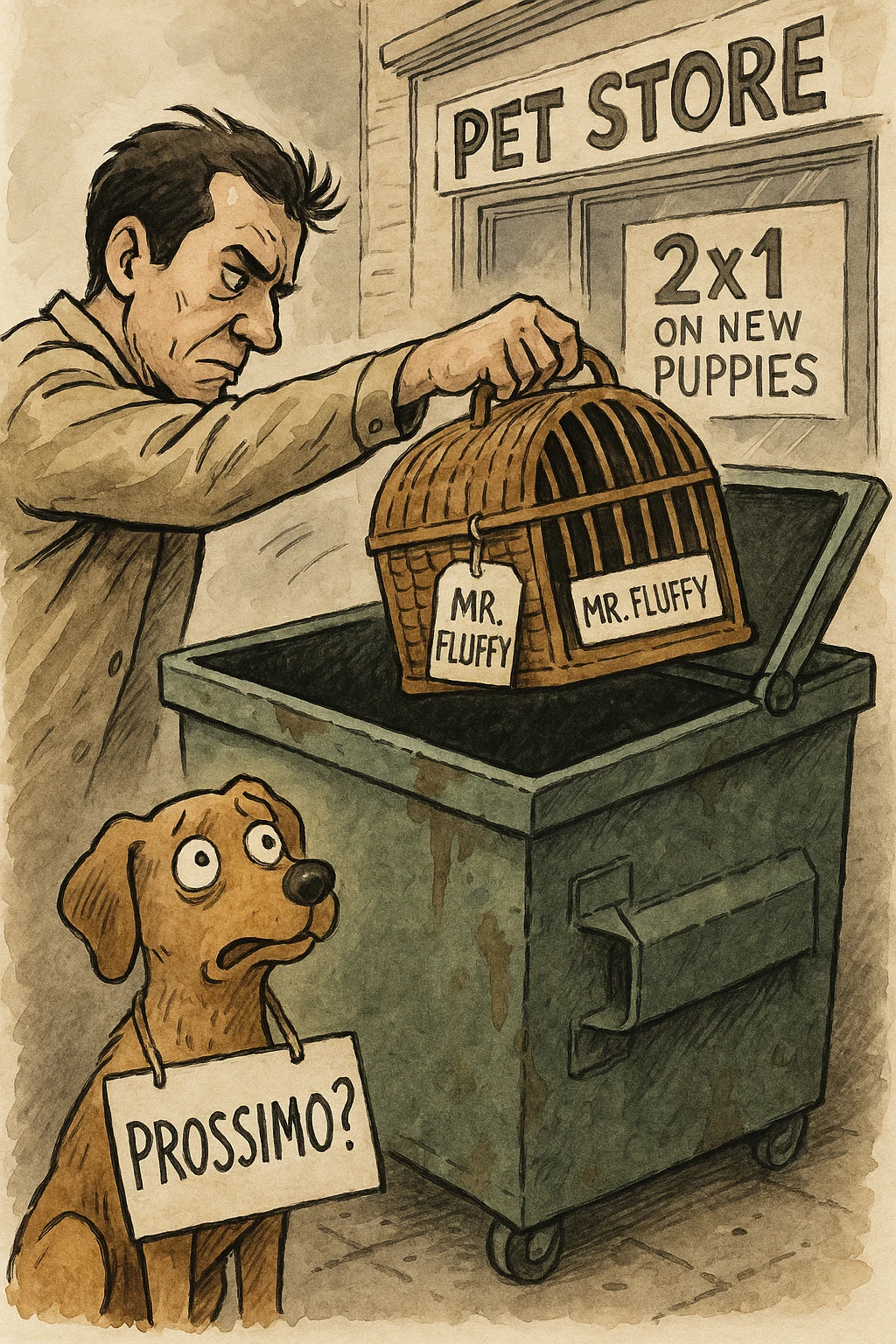 "Primo piano dell'uomo che butta il cesto del gatto (con ancora la scritta 'Mr. Fluffy') nel cassonetto, mentre il cane lo guarda terrorizzato con un cartello al collo: 'PROSSIMO?'. Sullo sfondo, un negozio di animali con l'insegna '2x1 su nuovi cuccioli'. Stile illustrazione editoriale, inchiostro e acquerello." emoji