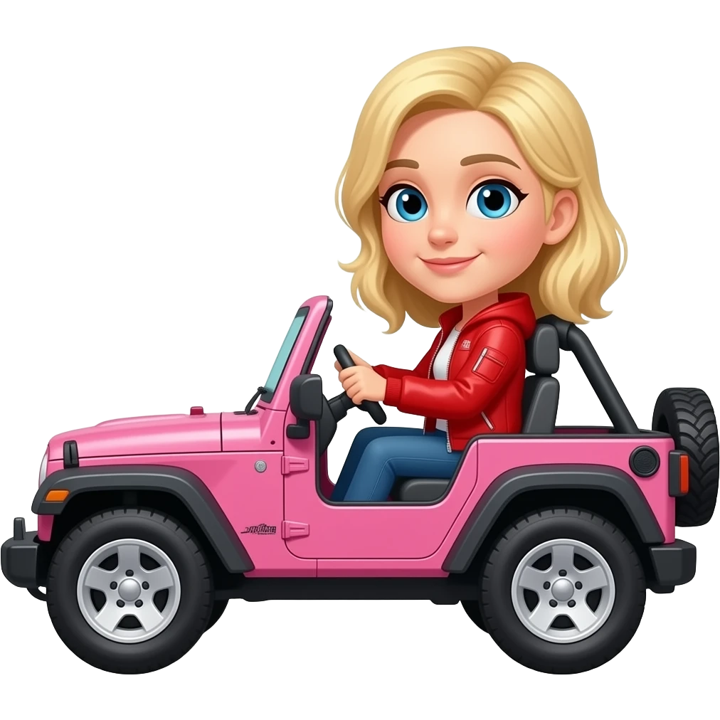 blonde girl with blue eyes in a pink jeep wrangler  driving to the left emoji