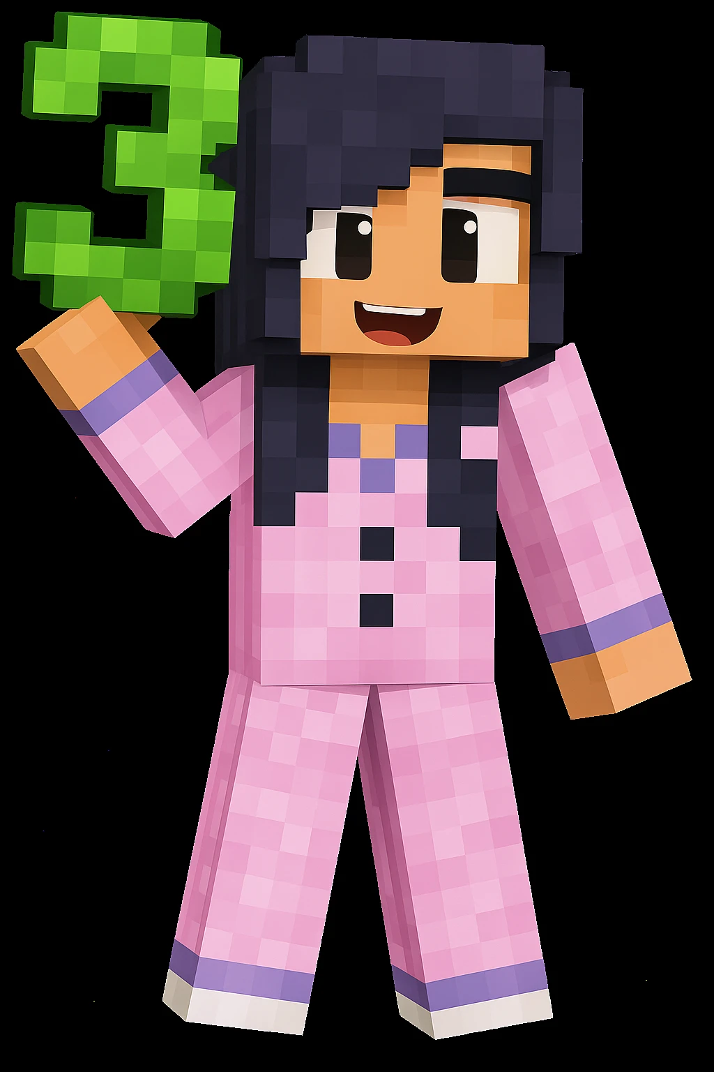 Add the number 3 held in the character's hand, keeping the original Minecraft cartoon style and pose exactly the same, only add the number 3 without changing anything else. emoji