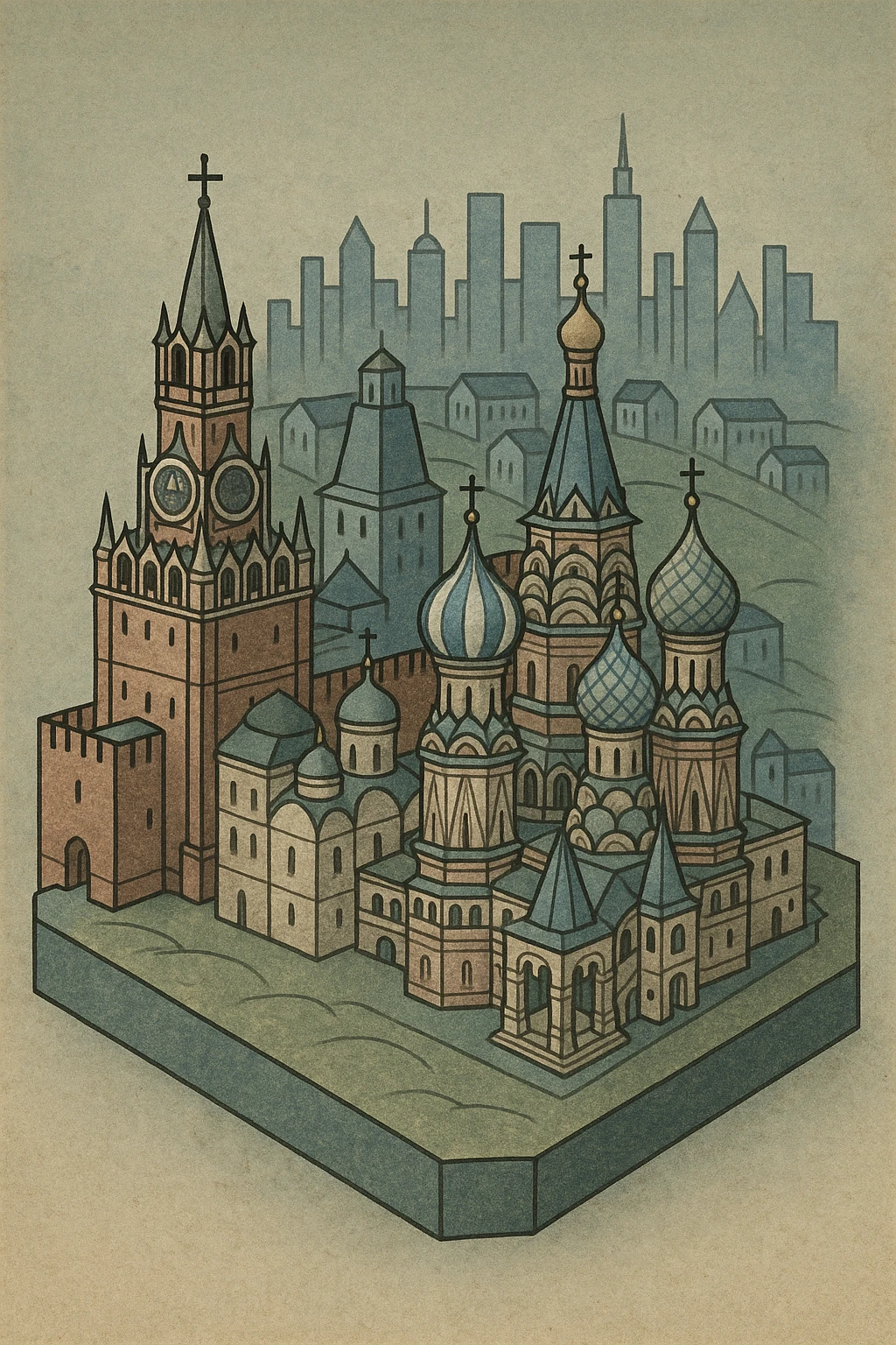 Изометричная миниатюрная 3D модель Москвы - фотореалистичный Кремль, собор Василия Блаженного, Сити, аккуратная детализация, яркие цвета мультяшный реализм, компактная композиция,  вид сверху в изометрии emoji