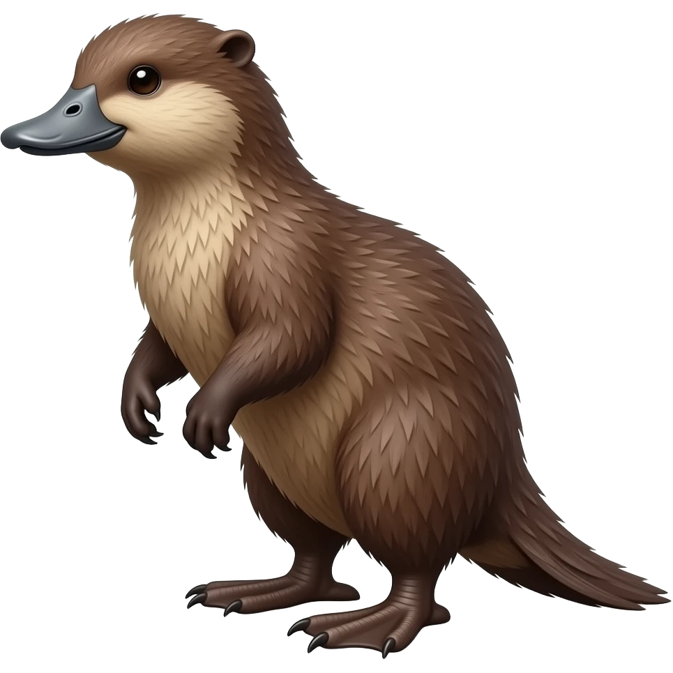 Creature: Duck's head (but brown fur and gray beak) and beaver's body, full body, side view, facing left, standing on four legs with webbed feet emoji