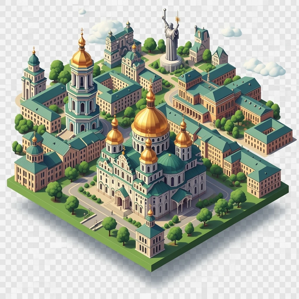 Isometric illustration of Kyiv, featuring Saint Sophia Cathedral with golden domes, balanced between stylized and realistic, 3D miniature effect, transparent background. emoji