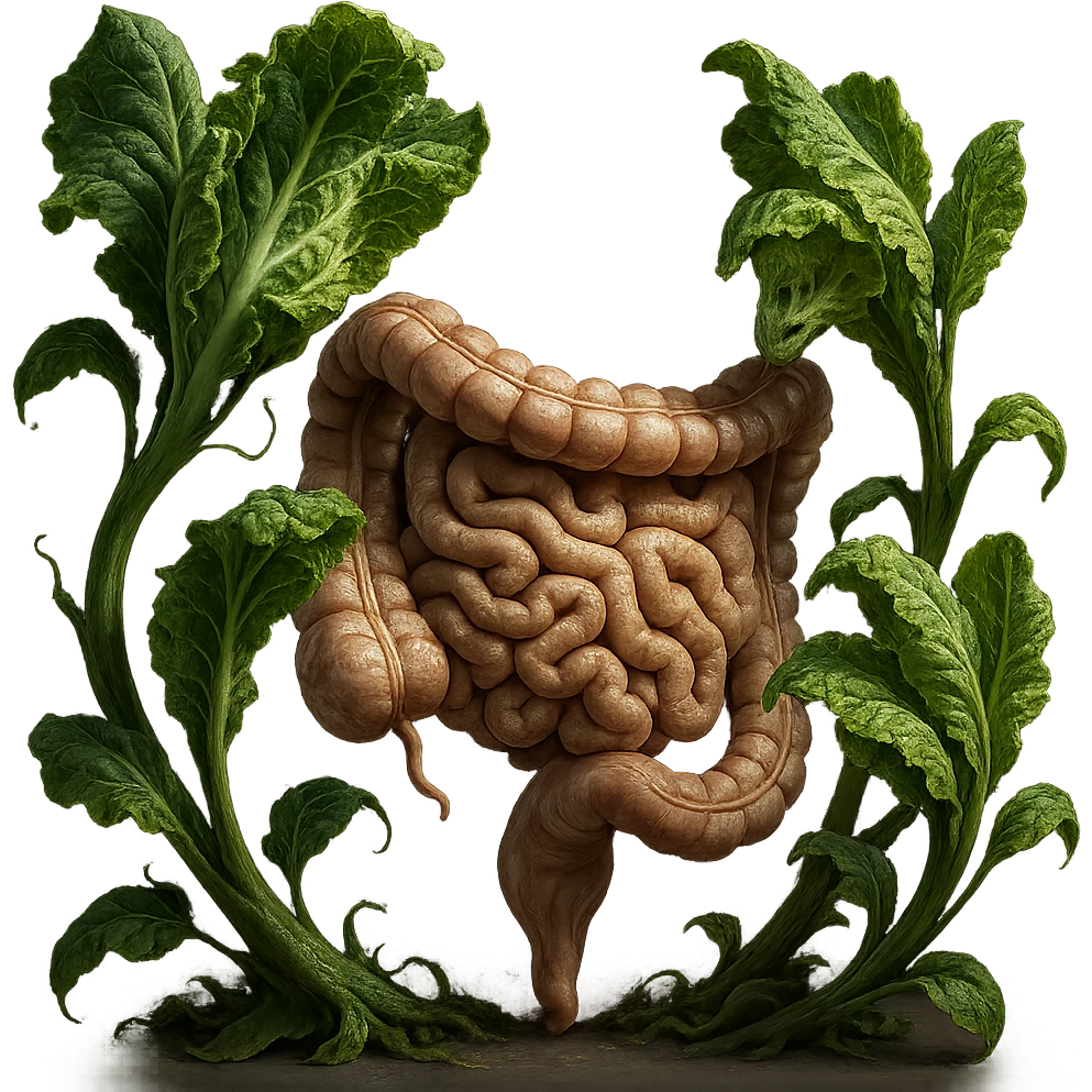 Ultra-realistic 4K illustration: stylized lettuce leaves depicted as plant-like creatures interacting with a human anatomical model of the intestine. The scene is surreal and scientific, with organic textures, refined biological details, dramatic lighting, and a bio-fantasy photorealistic style emoji