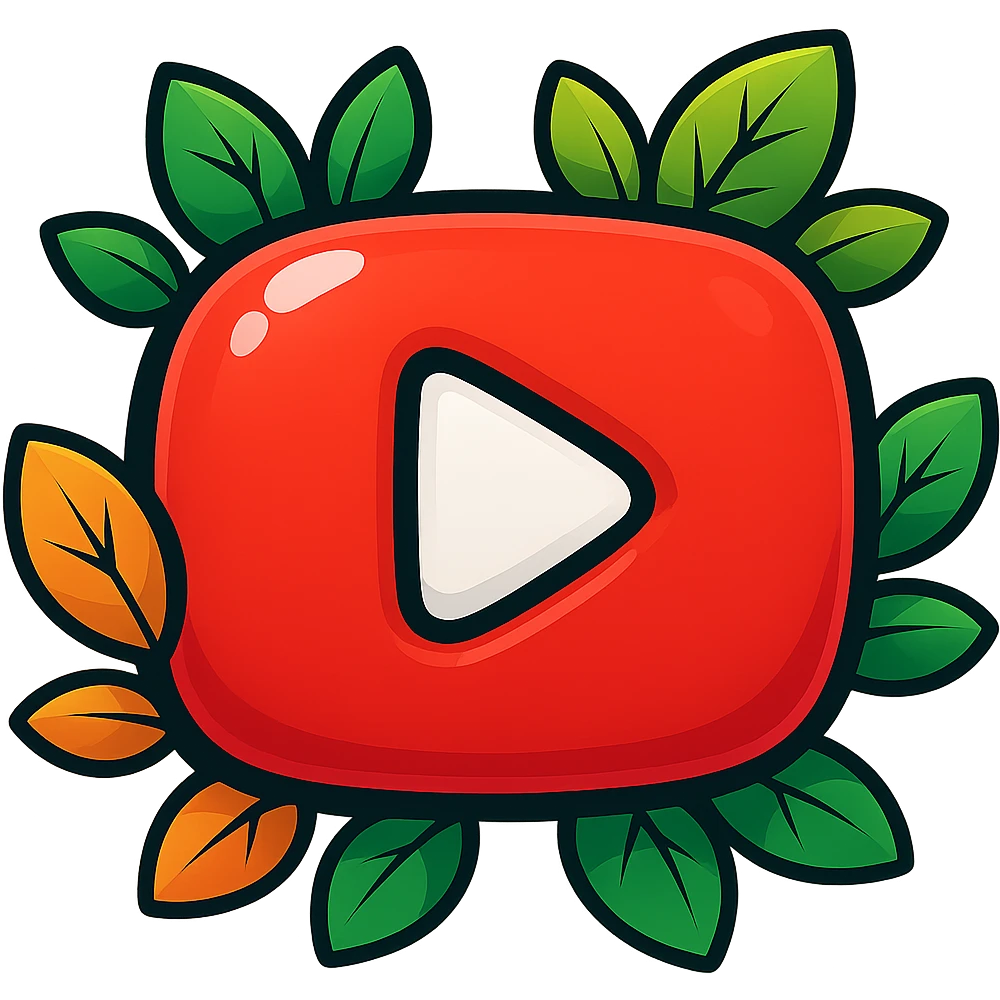 Very rounded, puffy YouTube logo in vibrant toon style with bold outline, strong graphic shadows, bright highlights, decorated with colorful leaves, no background. Extra attention to contours and shine, in the style of the reference image, but even more rounded and flat. emoji