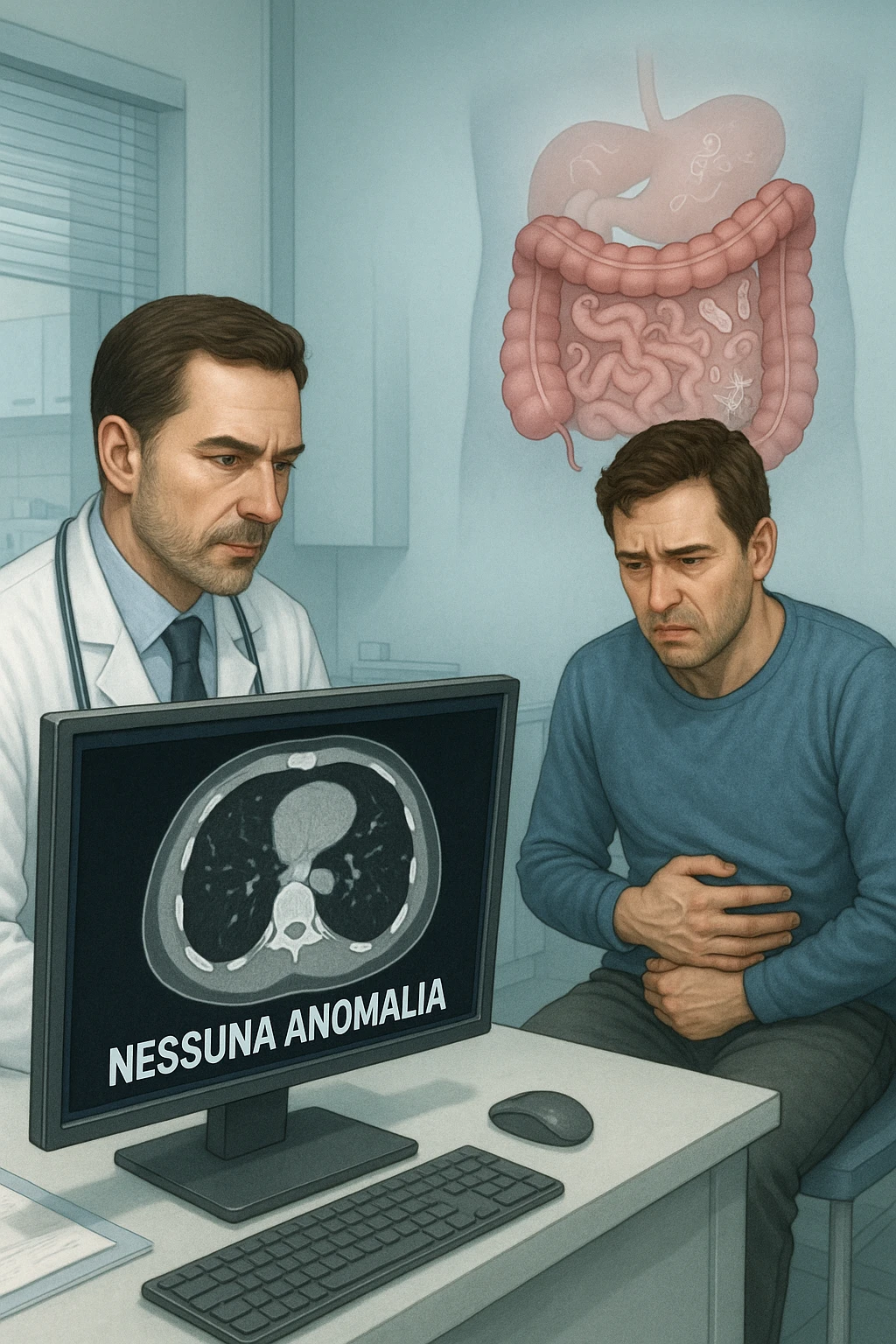Medico in camice bianco in uno studio moderno, mentre osserva una TAC o ecografia su uno schermo con espressione convinta. Accanto a lui, un paziente seduto che lamenta dolori intestinali. Sullo sfondo, un’immagine traslucida dell’intestino pieno di piccoli parassiti stilizzati (vermi, protozoi), non visibili nel monitor medico. Il monitor mostra 'nessuna anomalia', ma dietro c’è la realtà invisibile. Atmosfera clinica ma con contrasto simbolico tra 'ciò che si vede' e 'ciò che sfugge'. Colori freddi, luce ospedaliera in italiano emoji
