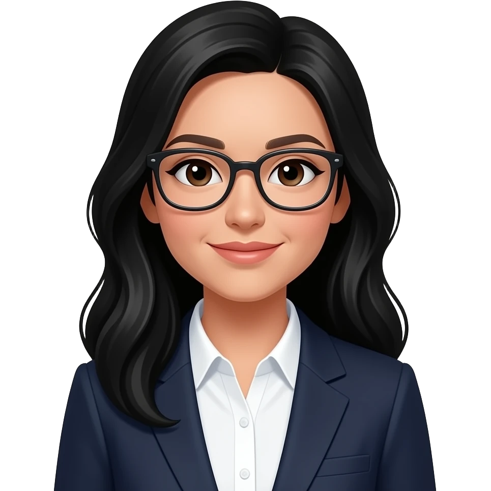 femme, cheveux longs noirs à lunette, tenue blouse blazern à l'école emoji