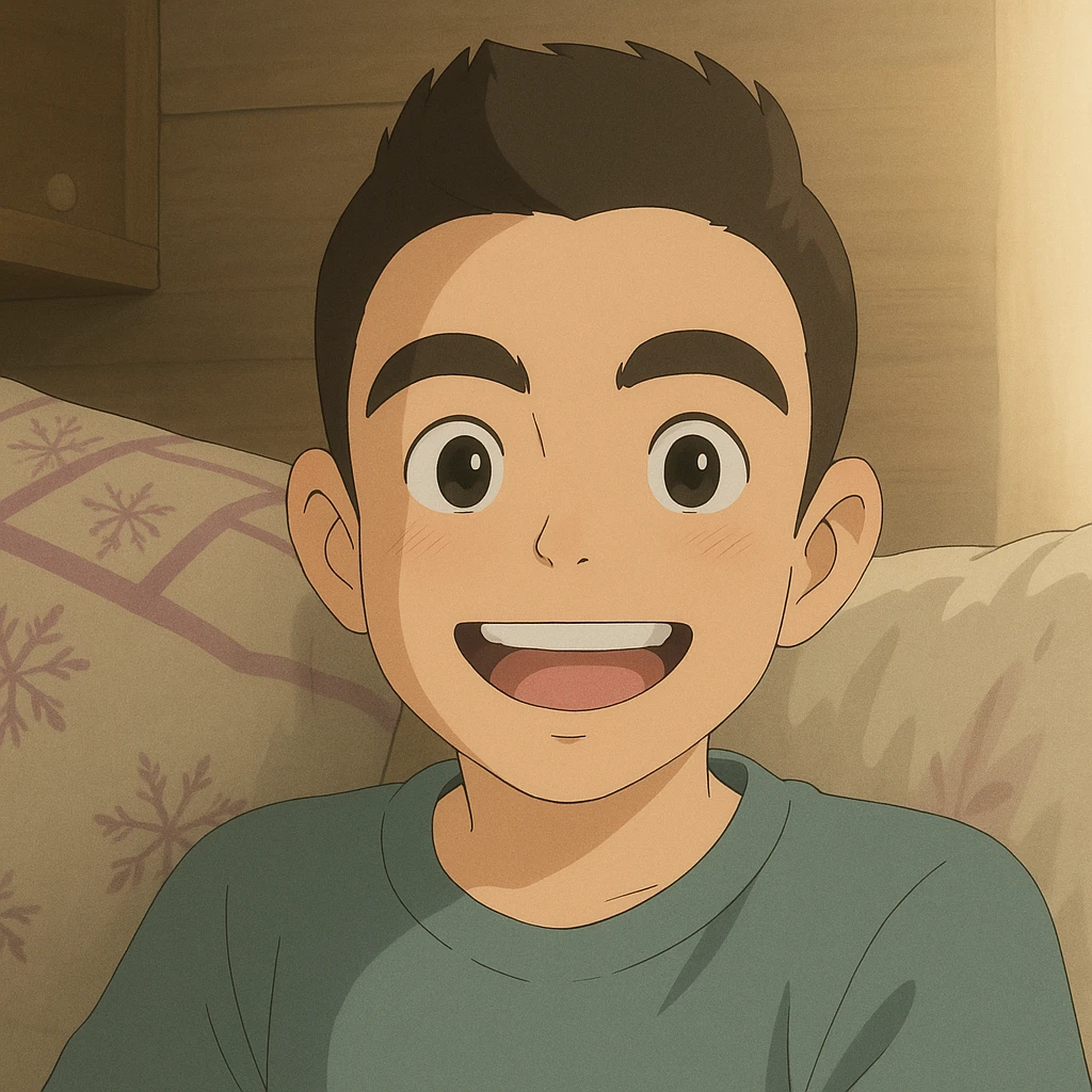 Turn this portrait photo of a smiling boy into a Ghibli-style illustration, keeping the pose and expression, with soft colors and gentle lighting. emoji