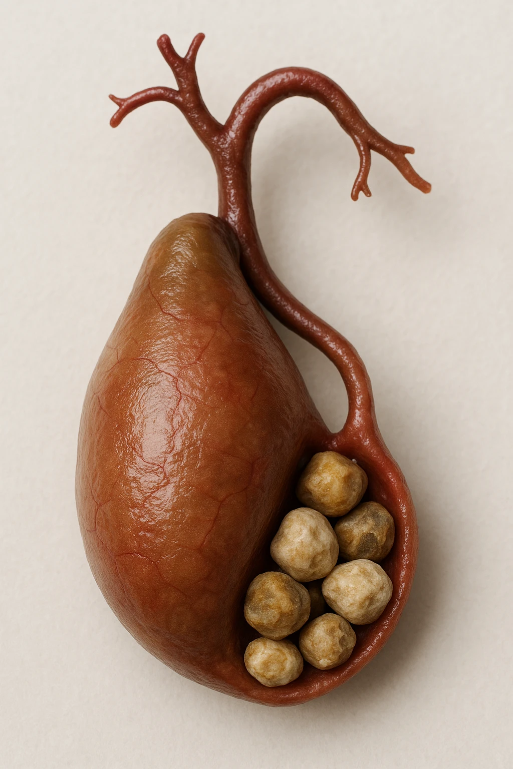 calcoli alla cistifellea anatomica, sfondo neutro chiaro, iperrealistico 4k emoji