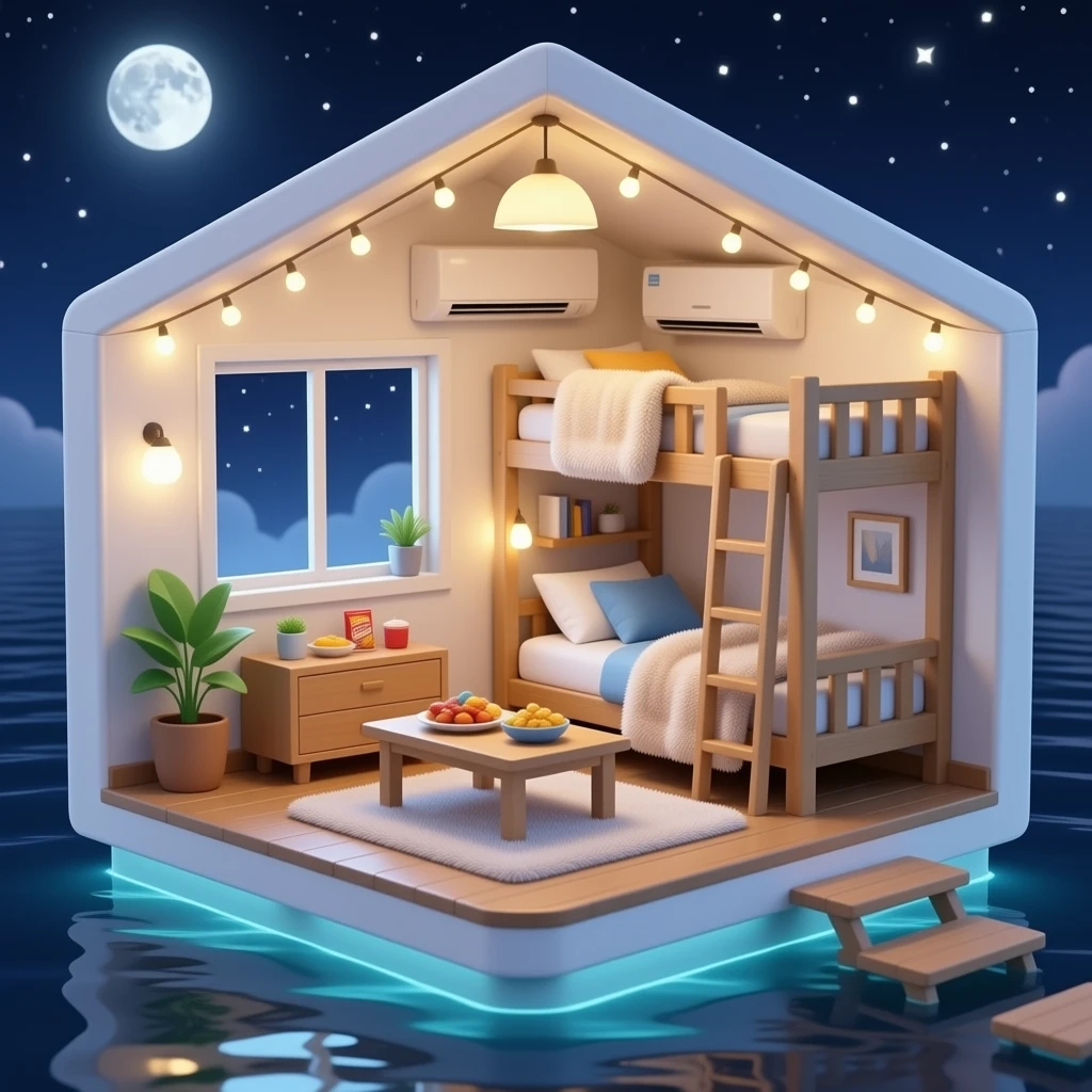 Yummy snacks and ldc lights  and cozy fuzzy blankets and a flying home  in night and a cozy moon and a big window and snacks and inside the house is flying and thers a aircon and a bucnk bed and it needs to be big front  view emoji