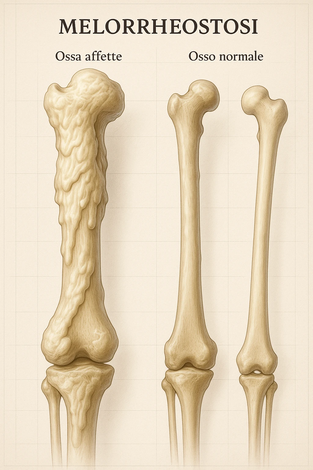 A highly realistic medical illustration focusing on a human arm and leg bones affected by melorheostosis. The bones appear visibly thickened, irregular, and larger than normal, with clear, layered bone growth resembling melted wax dripping down the side of the bones. The image shows a side-by-side comparison with a healthy bone for clarity, highlighting the difference in size and texture. The color palette includes neutral bone colors with subtle shading to show the abnormal contours and ridges. The background is clean and minimalistic, with faint anatomical grid lines for a scientific, educational feel. The overall mood is informative and precise, conveying the key visual characteristic of melorheostosis: progressive bone thickening that makes bones visibly larger and irregular. in italiano emoji