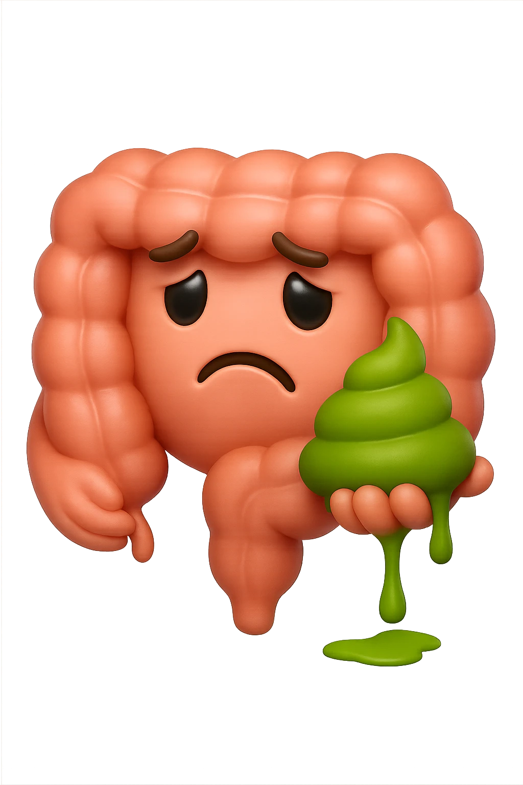 emoji stile iphone 3d di un intestino con espressione triste con cacca verde e liquida in mano , iperrealistiche 4k emoji