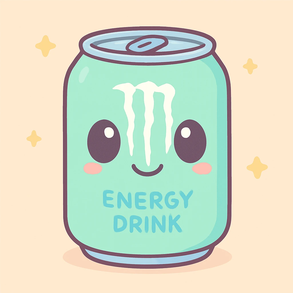 monster energy drink can, cute and rounded with big eyes kawaii style emoji