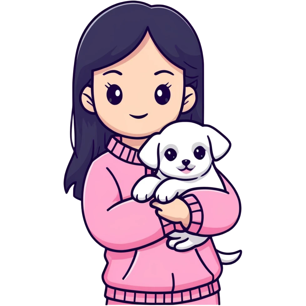 beautiful young woman with long straight black hair wearing pink clothes and holding a small white Maltese puppy emoji