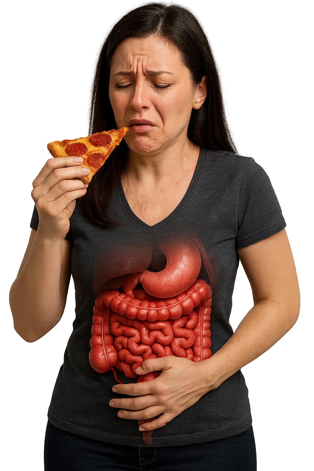 DONNA CON INTESTINO ANATOMICO REALISTICO IN EVIDENZA E MAL DI PANCIA MENTRE MANGIA UNA FETTA DI PIZZA, iperrealistici 4k, non disegnati emoji