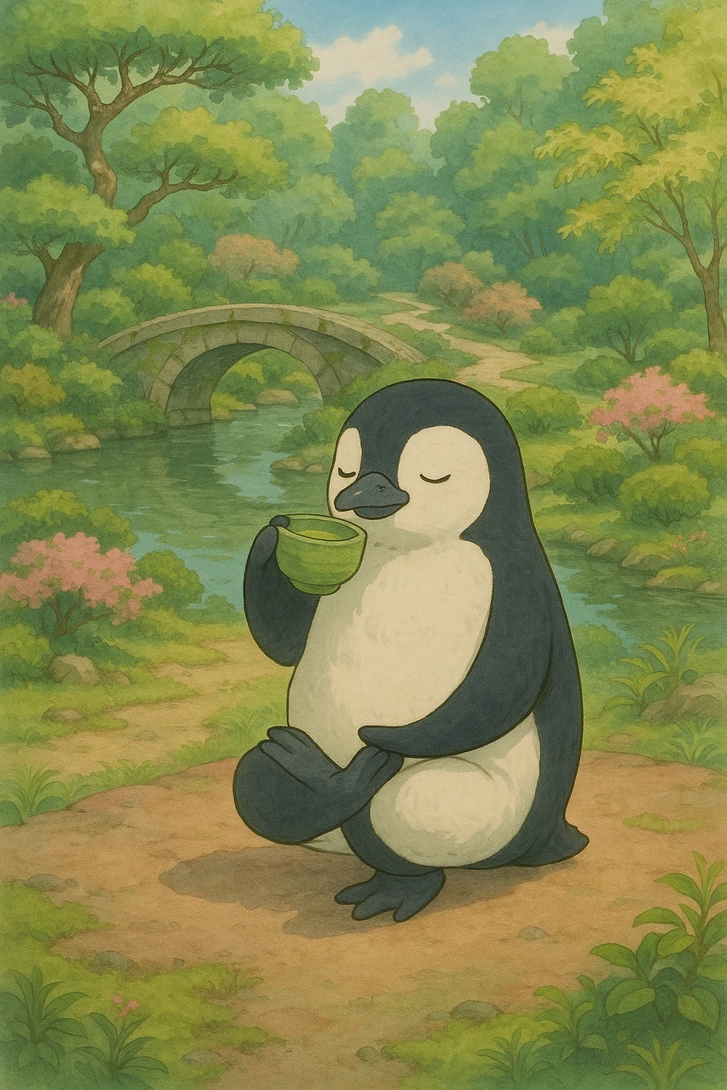 penguin doing yoga while drinking matcha emoji