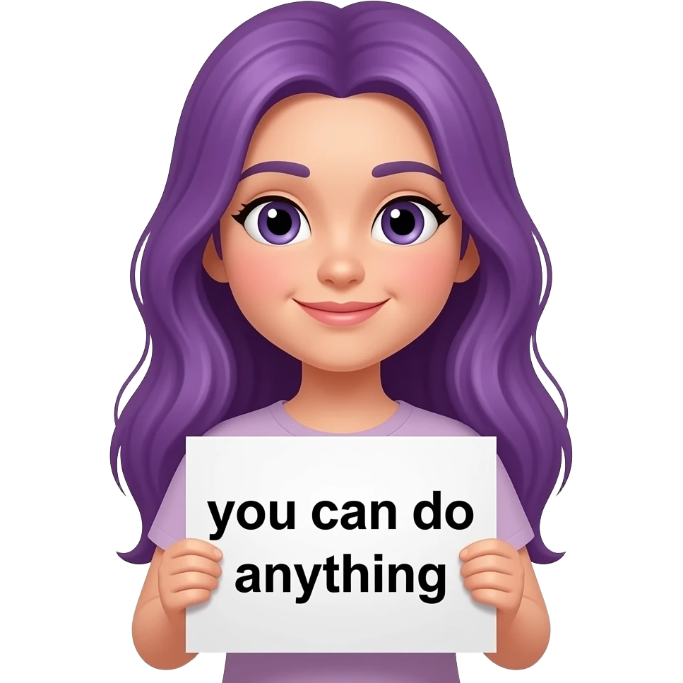 girl with long purple hair holding a GIRL... you can do anything sign emoji