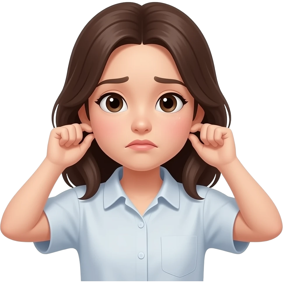 A pale girl wearing a shirt with a little sad face catching her earlobes emoji