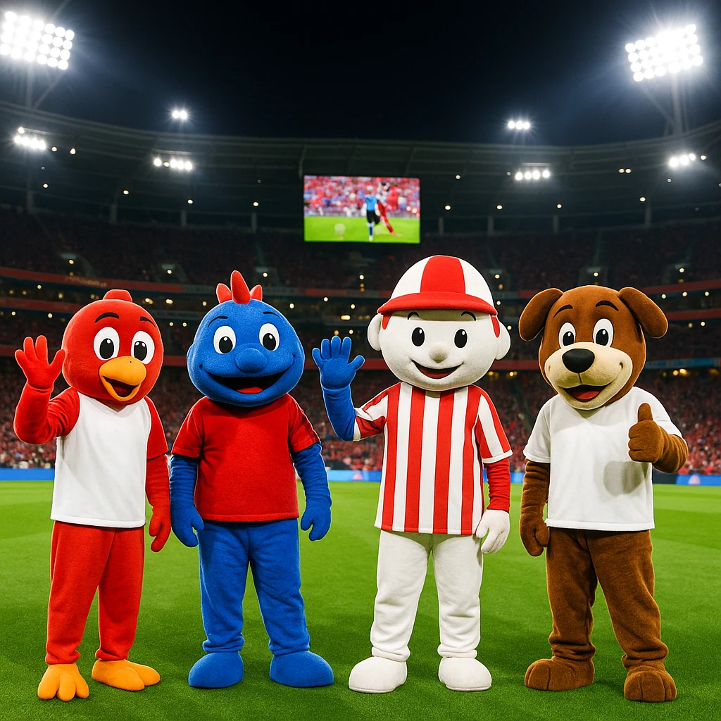 A modern soccer stadium at night, field lit by bright lights, five mascots in colorful costumes (red and white left, blue and red center, white and red striped, brown and white right) stand on green grass. Red seats, a large screen with a soccer match, visible crowd, and a vibrant, fun, team-spirited atmosphere. emoji