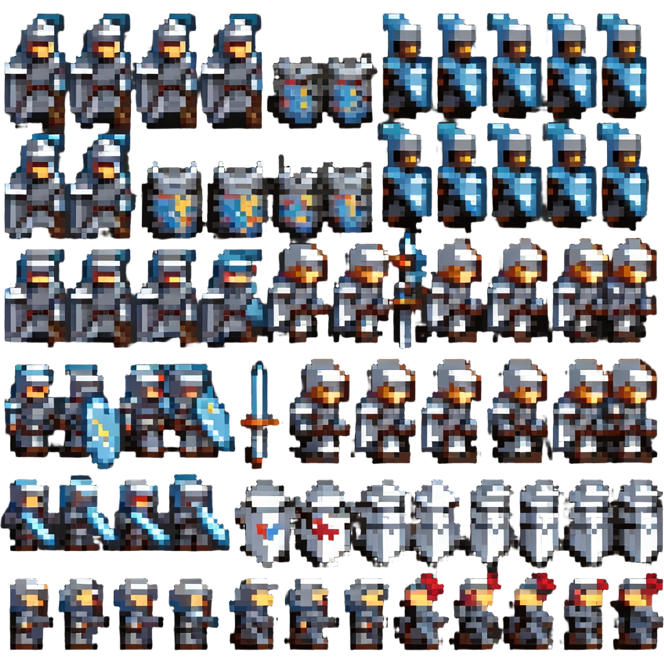 pixel art sprite sheet of a knight walking animation frames 8-bit NES style emoji