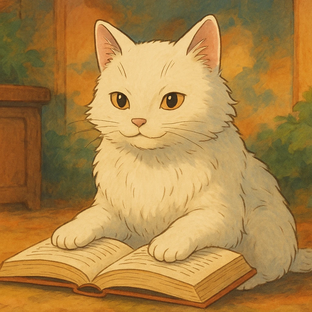 white cat with a book emoji