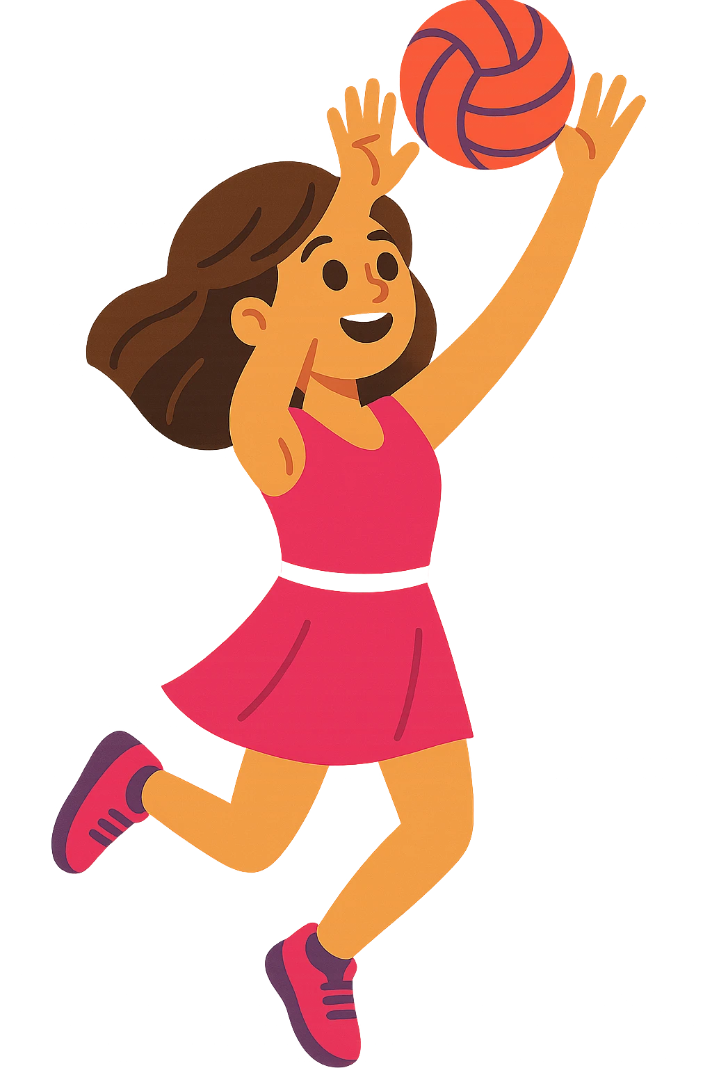 brunette girl in pink netball dress, arms raised, shooting a goal, sporty, no background emoji