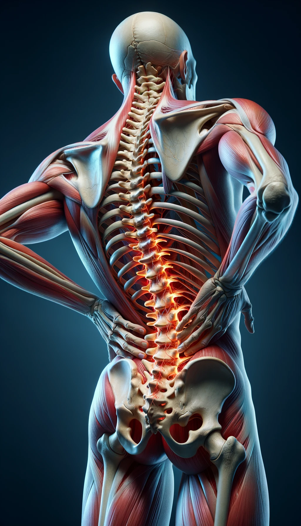 corpo umano anatomico di spalle con spina dorsale storta, dolore alla schiena e spina dorsale anatomica realistica, iperrealistico 4k emoji